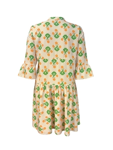 Detail view of v-neck dress back showing yellow stripes with floral print and ruffled sleeves