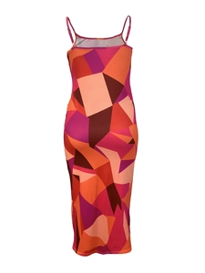 Detail of the colorful geometric abstract print on this slim-fit spaghetti strap dress
