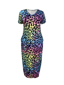 Detailed close-up of colorful leopard print on V-neck mid-length short sleeve dress