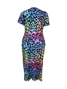 Detail of colorful leopard print pattern and soft fabric texture on V-neck dress
