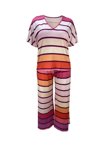 Damen Loungewear-Set bestehend aus V-Ausschnitt T-Shirt und gestreifter Hose
