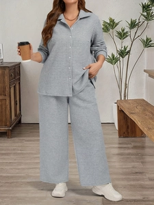 Women Plus Size Waffle Knit Top And Bottom Casual Loose Home Loungewear Long Sleeve Button Shirt And Wide Leg Pants