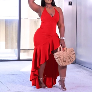 Elegant red halter neck dress with high-low ruffle hem and slim fit waist design