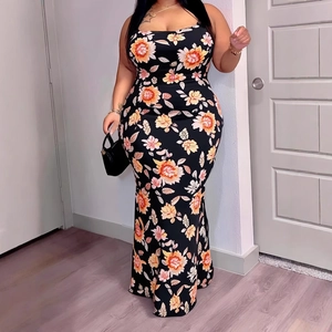 Plus Size Women Printed Bodycon Maxi Dress Spaghetti Strap Sleeveless Floral Camouflage Camisole Long Dress Casual