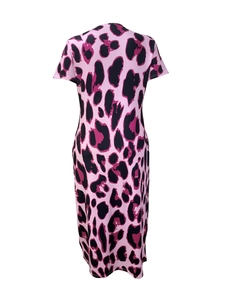 Detail view of the back of a women's dress with pink and black leopard print pattern