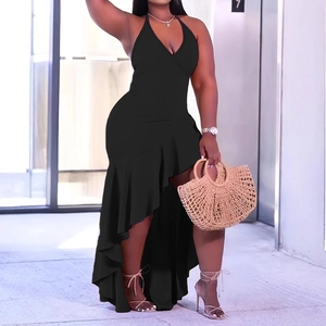 Women's Plus Size Sexy Halter V-Neck High-Low Ruffle Hem Dress Solid Color Backless Maxi Club Party Evening Wedding Guest Gown