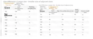 Comprehensive size chart for women plus size sets including top and pants from 1XL to 5XL