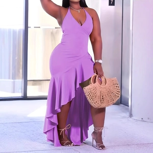 Chic purple halter neck high-low dress with ruffles and a stylish bow waist design