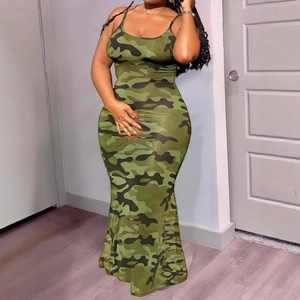 Slim fit camouflage print maxi dress with spaghetti straps and bodycon silhouette