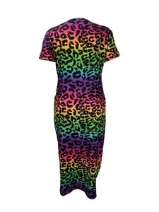Detail shot of the rainbow leopard print fabric on this V-neck short sleeve maxi dress