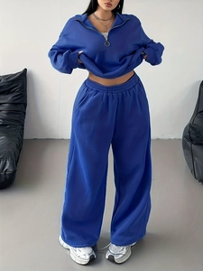 Plus Size Women Two Piece Set Solid Color Half Zip Long Sleeve Top And Wide Leg Straight Pants Casual Fashion Tracksuit