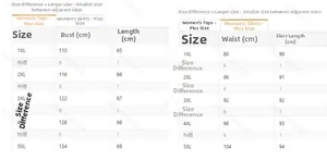 Detailed size chart for women's plus size two-piece set including top and skirt dimensions