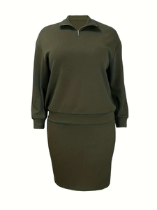 Ensemble de détente en tricot vert olive à col demi-zippé et manches longues