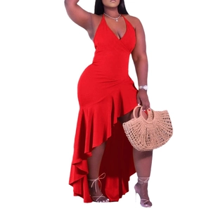 Red halter neck dress with deep V-neck and asymmetrical high-low ruffle hem design