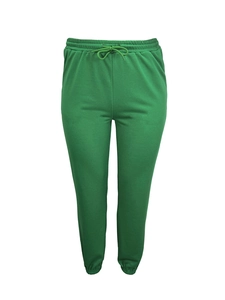 Detail view of dark green joggers with elastic drawstring waist and knit texture