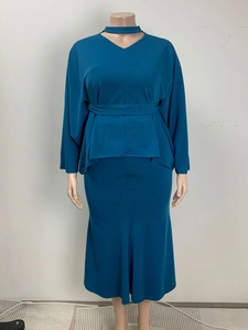 Elegant teal two-piece skirt set with V-neck choker top and belted long skirt