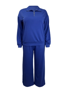 Women's plus size navy blue two-piece set with half-zip top and wide-leg trousers