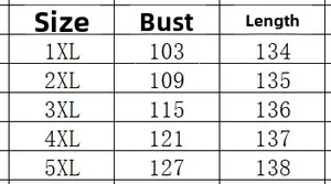 Size chart for women's plus size printed dress with bust and length measurements