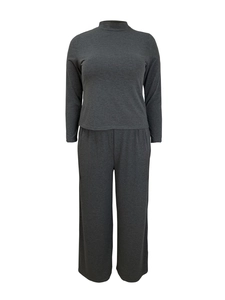 Elegant dark grey two-piece set featuring long sleeve top and wide leg trousers