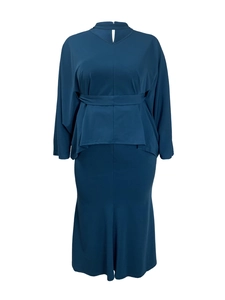Elegant navy blue two-piece skirt set with batwing sleeves and waist tie detail