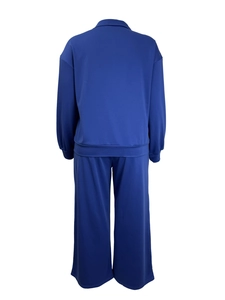 Women's plus size navy blue casual two-piece knit set with long sleeve top and wide leg pants