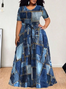Fashionable denim patchwork print maxi dress with short sleeves and waist tie belt