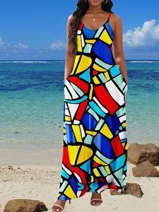Plus Size Women Casual Geometric Abstract Print Spaghetti Strap Maxi Dress V Neck Long Vacation Beach Slip Dress With Pockets