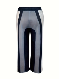 Women wide leg athletic pants with navy blue and grey vertical color block stripes