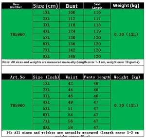 Size chart for plus size slip dress TB5960 showing measurements from 1XL to 8XL sizes