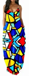Close-up of geometric art print long dress with thin straps and hidden side pockets