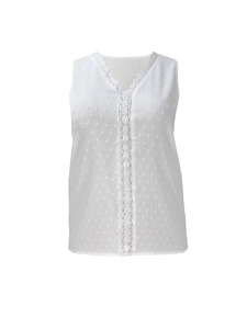 Elegant white V-neck Swiss dot sleeveless blouse with delicate lace crochet trim