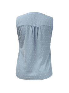 Detail of light blue sleeveless chiffon top with jacquard dots and back pleat detail