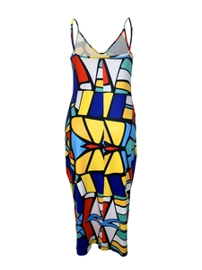Detail of colorful geometric abstract print on women's V-neck maxi camisole dress