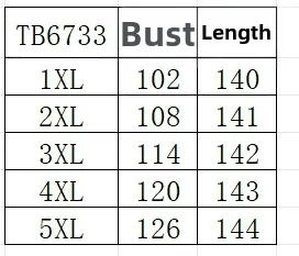 Size chart detail for French style slip dress with bust and length measurements from 1XL to 5XL
