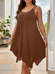 Deep brown A-line plus size sundress with irregular hem and double spaghetti straps