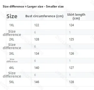 Size chart for plus size long sleeve printed dress ranging from 1XL to 5XL for perfect fit