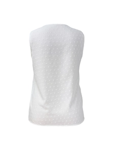 Back view of white Swiss dot lace V-neck short sleeve top with textured pattern