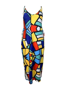 Detail view of the vibrant geometric pattern and V-neckline on the maxi sundress