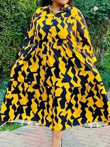 Plus Size Geometric Print Long Sleeve Dress Elegant Lapel Button Down Tiered Maxi Dress For Women Commuting Office Yellow