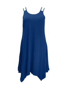 Detail of dark blue plus size slip dress with double straps and asymmetrical hem