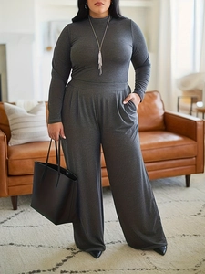 Women Plus Size Elegant Solid Grey Top And Bottom High Neck Long Sleeve Top Wide Leg Pants Casual Office Spandex Outfit