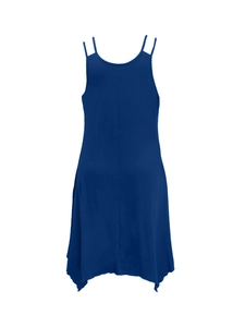 Detail of plus size navy blue camisole dress featuring double straps and handkerchief hemline