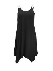 Detail of plus size black sleeveless dress with double straps and handkerchief hemline