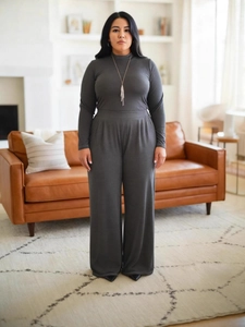 Elegant dark grey slim fit long sleeve top and wide leg trousers set for women