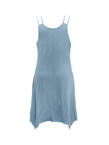 Detail view of double straps and irregular hem on light blue plus size slip dress