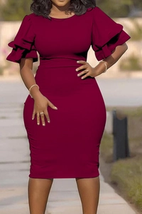 Detail of tiered ruffle sleeves on a slim wine red bodycon dress for women