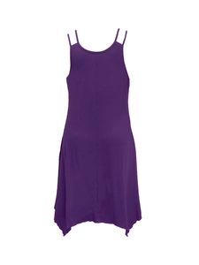 Detail of dark purple plus size camisole dress featuring an asymmetric handkerchief hem