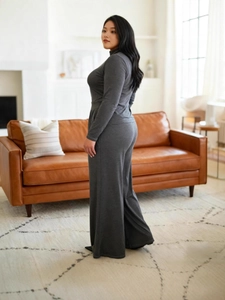 Elegant dark grey plus size two-piece set featuring slim long sleeve top and wide leg pants