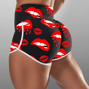 Women High Waisted Lip Print Shorts Sexy Bodycon Booty Shorts Polyester Contrast Binding Sports Yoga Shorts Streetwear