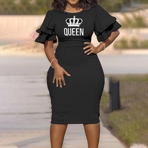 Detail of black bodycon dress with QUEEN crown print and layered ruffle sleeves